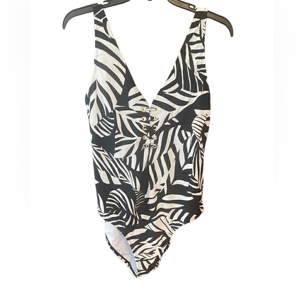 BCBG NWT Sz L Black White Stripe Sexy Back Plunging Nec 1Piece Bathing Suit